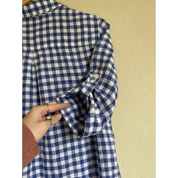 Chico's Size 0/Small/US 4 Blue White Buffalo Plaid Gingham No Iron 100% Linen Po - Picture 9 of 10